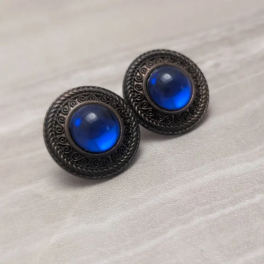 Vintage Stud Earrings Large Dark Tones with Blue Center 1
